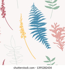 Botanical floral vector seamless pattern with hand drawn herbs, plants, flowers and leaves. 
