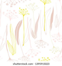 Botanical floral vector seamless pattern with hand drawn herbs, plants, flowers and leaves. 
