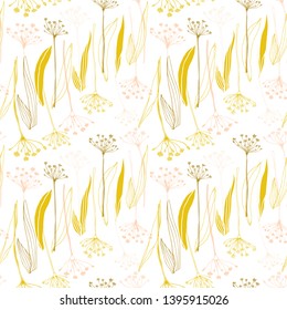Botanical floral vector seamless pattern with hand drawn herbs, plants, flowers and leaves. 
