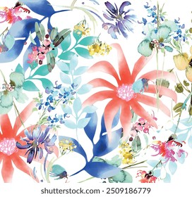 Patrón sin fisuras de Vector floral botánico con rosas, hierbas y hojas Fondo de gran conjunto con flores, flores de acuarela