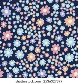 Patrón sin fisuras de Vector floral botánico sobre fondo oscuro. Abstractas flores Pequeñas en estilo vintage. Arte de Clip de Vector para imprimir en superficies.