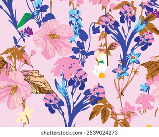 botanische florale Vektor nahtloses Muster mit Rosen Kräuter und Blätter großen Satz Hintergrund mit Blumen