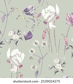 vetor floral botânico padrão sem emenda com ervas rosas e folhas fundo grande conjunto com flores