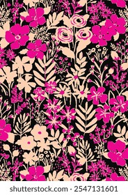 vetor floral botânico padrão sem emenda com ervas rosas e folhas fundo grande conjunto com flores
