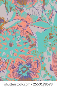 floral botânico, vetor, padrão sem costura com rosas ervas e folhas, fundo grande conjunto com flores, abstrato