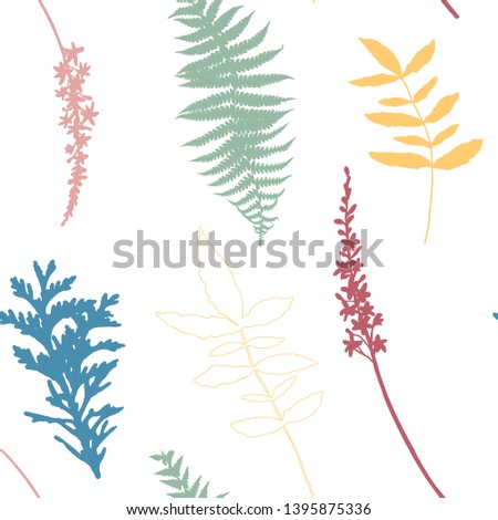 Botanical floral vector seamless pattern with hand drawn herbs, plants, flowers and leaves. 