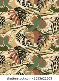 botanical floral vector seamless pattern,tropical leaves with animal skin.