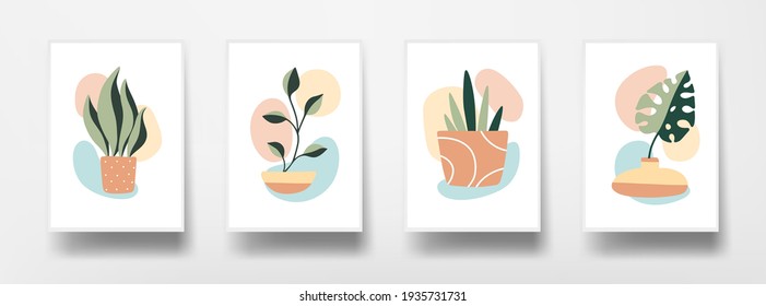 Botanical floral wall art set. Abstract plants graphics on white sheet of paper. Home decor wall posters. Flat design modern background. Vector illustration. - Shutterstock ID 1935731731
