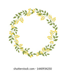 Botanical floral wreath with twigs of yellow sandthorn berries green leaves on white. Template mock up for text lettering. Vector illustration in sketchy retro style earthy warm color palette