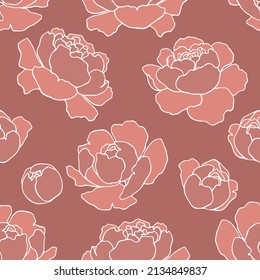 botanical floristic contour flowers peonies open buds .Trendy hand drawn vector isolated minimalistic  floral pattern. Seamless texture for web, textile and stationery. 