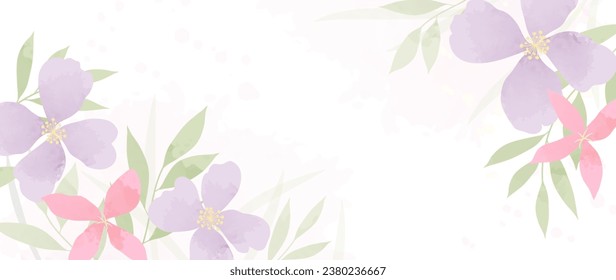 Botanischer floraler Hintergrund, Vektorgrafik. Aquarell handgezeichnete Blumen, Blätter, Pflanzen und Gras. Blühende Design-Illustration für Wallpaper, Banner, Drucke, Poster, Cover.	