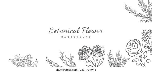 Botanical flower background with trendy wildflowers and minimalist flowers for wall decoration or wedding. Hand-drawn line herb, elegant leaves for invitation save the date card.