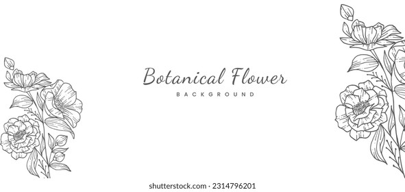 Botanical flower background with trendy wildflowers and minimalist flowers for wall decoration or wedding. Hand-drawn line herb, elegant leaves for invitation save the date card.