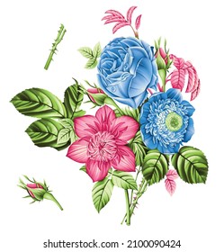 Montaje de flores botánicas con hojas aisladas en fondo blanco. Ilustración vectorial.
