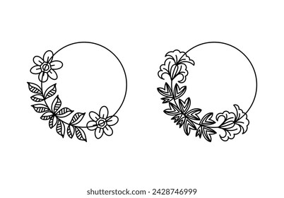 Botanical and flower circle frame. Decorative outline vector illustration. 