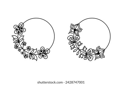 Botanical and flower circle frame. Decorative outline vector illustration. 