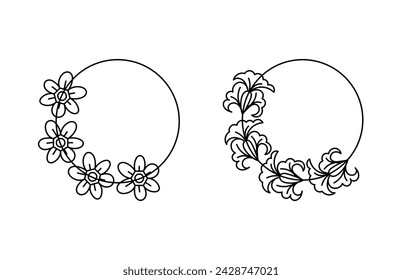 Marco de círculo botánico y floral. Ilustración vectorial de contorno decorativo. 