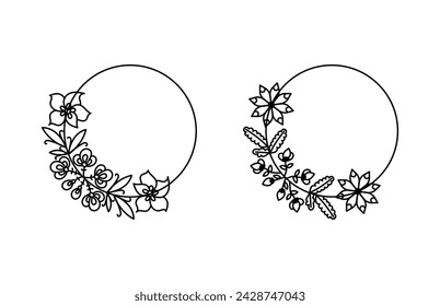 Botanical and flower circle frame. Decorative outline vector illustration. 