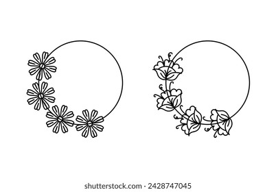 Botanical and flower circle frame. Decorative outline vector illustration. 