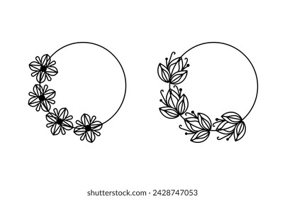 Marco de círculo botánico y floral. Ilustración vectorial de contorno decorativo. 
