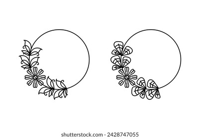 Botanical and flower circle frame. Decorative outline vector illustration. 