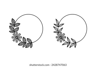Botanical and flower circle frame. Decorative outline vector illustration. 
