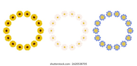 Botanical flower circle frame set. Floral wreath buds chamomile, sunflower and cornflower blossoms. Abstract hand-drawn round border, laurel, chaplet. Sping, summer decor. Isolated vector illustration