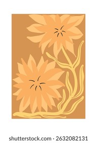 Botanical Flower Doodle Cover. Interior Print Invitation for Anniversary, Birthday. Gold Grey Floral Abstract Background with Simple Organic Forms of Flowers and Leaves in Art Nouveau Style.