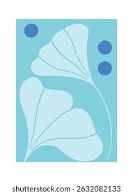 Botanical Flower Doodle Cover. Interior Print Floral Abstract Background with Simple Organic Forms of Flowers and Leaves in Art Nouveau Style. Blue and Indigo Invitation for Anniversary, Birthday.