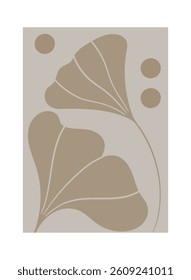 Botanical Flower Doodle Cover. Invitation for Anniversary, Birthday. Interior Print Grey and Brown Floral Abstract Background with Simple Organic Forms of Flowers and Leaves in Art Nouveau Style.