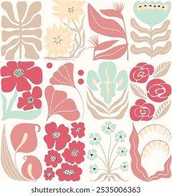 Botanische Blume Doodles Vektor nahtloses Muster. Abstraktes Blumensommerdesign für Bildschirmhintergründe. Positiver Jugendstil-Frühlingshintergrund. Retro Cartoon Pflanzen im Stil von 1920. Blumen und Blätter Abdeckung. 