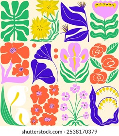 Botanical Flower Doodles Vector Seamless Pattern. Abstract Floral Summer Design for Wallpapers. Positive Art Nouveau Spring Background. Retro Cartoon Plants in 1920 Style. Flowers and Leaves Cover. 