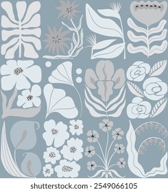 Flor Botânica Doodles Vetor Padrão Sem Costura. Resumo Floral Summer Design para papéis de parede. História da primavera Art Nouveau Positiva. Plantas de Cartoon Retrô em Estilo de 1920. Flores e Folhas Cobertura. 