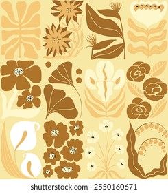 Patrón sin fisuras de Vector de garabatos de flores botánicas. Fondo positivo de primavera Art Nouveau. Plantas de dibujos animados retro en estilo de 1920.  Diseño de verano floral Abstractas gris dorado repetido para Fondos de pantalla.