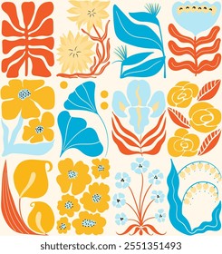 Patrón sin fisuras de Vector de garabatos de flores botánicas. Fondo positivo de primavera Art Nouveau. Abstractas diseño floral de verano para Fondos de pantalla. Plantas de dibujos animados retro azul, amarillo y rojo en estilo de 1920.  Repetido