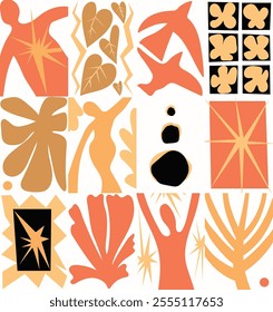 Botanical Flower Doodles Vector Seamless Pattern.  Red Orange Abstract Floral Summer Design for Wallpapers.  Positive Art Nouveau Spring Background. Retro Cartoon Plants in 1920 Style. Fauvisme