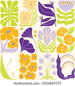 Botanical Flower Doodles Vector Seamless Pattern. Retro Cartoon Plants in 1920 Style.  Repeated Positive Art Nouveau Spring Background. Abstract Floral Summer Design for Wallpapers. Blue, Green Orange