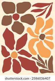Botanical flower framed art print hand drawn leaves shapes matisse style, naive art, contemporary background. Sun flowers vector illustration