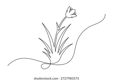 Flor botânica e grama contínua uma linha arte desenho minimalista contorno vetor