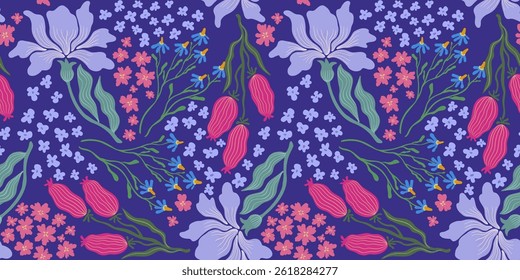 Botanical flower and leaf seamless pattern.  Flowers and leaves colorful abstract shape vector illustration. Print, wallpaper, wrapping paper. Hand drawn flat design art.