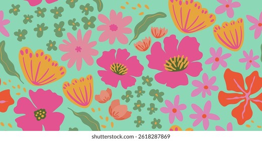 Botanical flower and leaf seamless pattern. Flowers and leaves colorful abstract shape vector illustration . Print, wallpaper, wall art paper pattern. Hand drawn flat design.