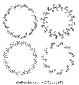 Botanical Flower and Leaves Circular Pattern Border Decorative Element Vintage Wreath Collection. Vector Illustration