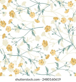 Botanical Flower Pattern, Seamless Digital Design, Textile Allover Abstract Design With yellow flower on white Background.