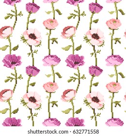 Botanical flower seamless pattern. Flowers isolated on white background. Pixel art. Vector illustration eps 10