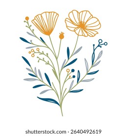 botanical flower sketch with ornate leaf drawings.single line floral art for summer themes.hand drawn artwork for printing and textiles

