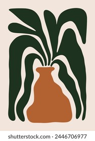 Jarrón de flores botánicas con marco de arte minimalista Hojas dibujadas a mano Formas estilo matisse, arte naif, fondos contemporáneos. planta Ilustración vectorial