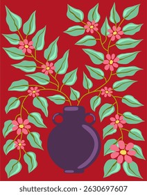 Botanical flower vase Minimal Art Print Hand drawn leaves shapes Matisse style, naive art, contemporary dark red backgrounds