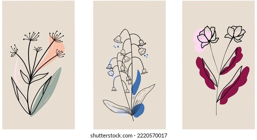 Botanical and Flower wall art vector set. Abstract plant design for covers, posters, prints, wall art in minimal style. 