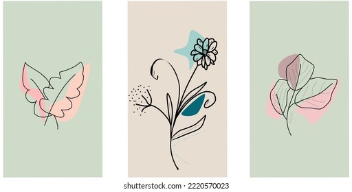 Botanical and Flower wall art vector set. Abstract plant design for covers, posters, prints, wall art in minimal style. 