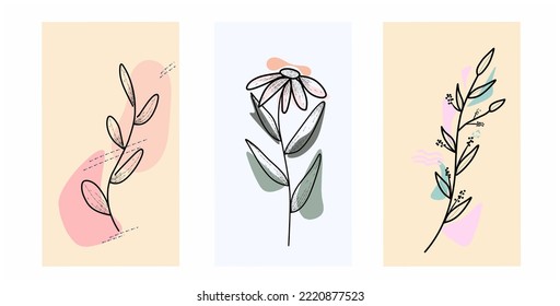 Botanical and Flower wall art vector set. Abstract plant design for covers, posters, prints, wall art in minimal style. 